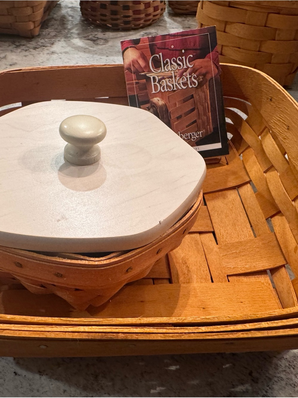 Longaberger Wooden Basket with Cream-Topped Lid & Longaberger Wooden Basket.